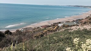 Un paysage côtier comprenant une plage, l’océan et de la végétation.