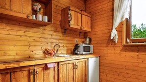 A wooden cabin kitchen with a microwave, sink, and cabinets. - Etno house Molendini (Čatrnja)