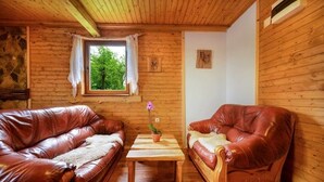 A cozy room with wooden walls and a stone accent wall, featuring two leather sofas and a small wooden table with a potted plant. - Etno house Molendini (Čatrnja)