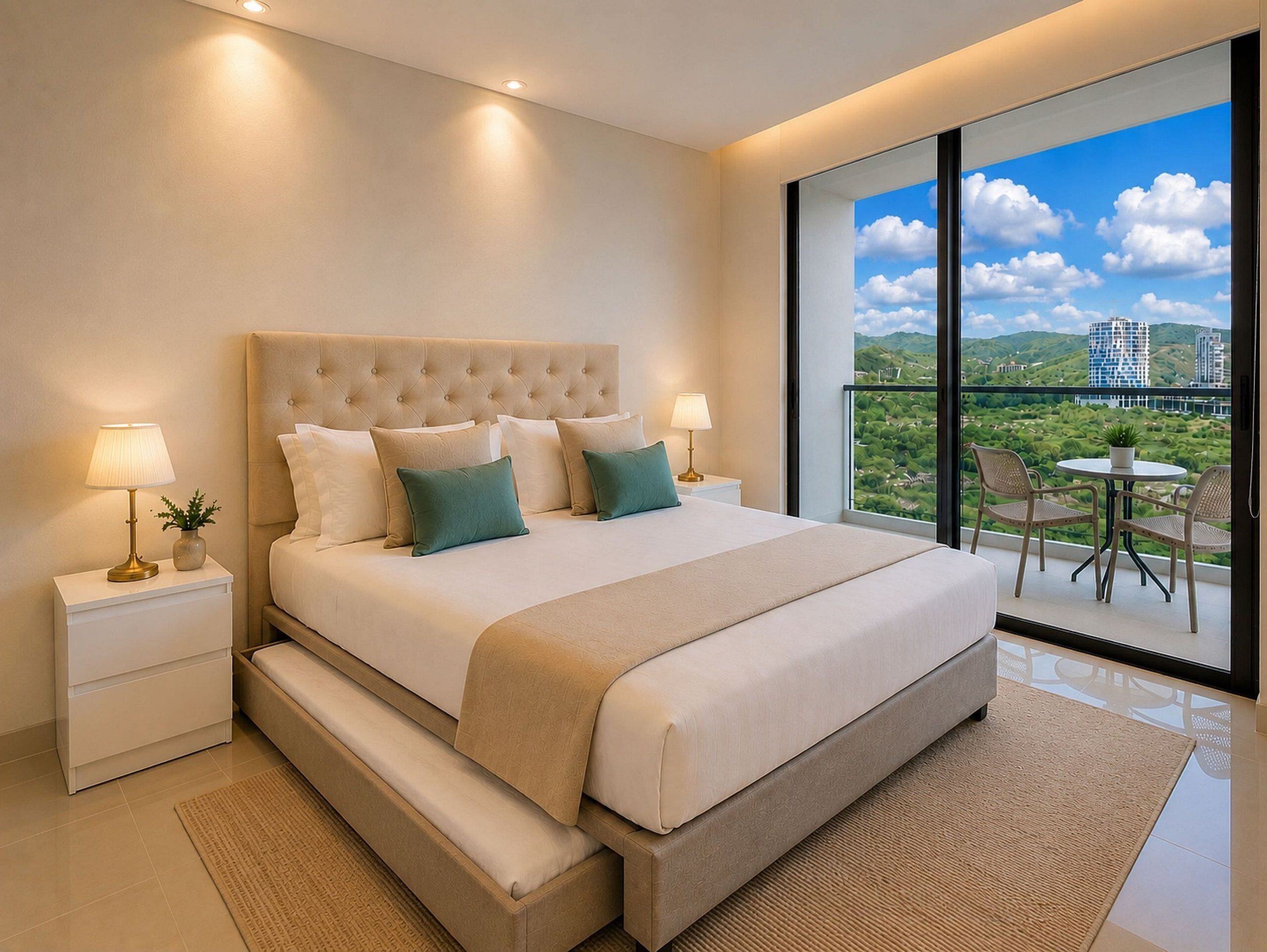 A modern bedroom with a large bed, bedside tables, a view of greenery and buildings through a large window.