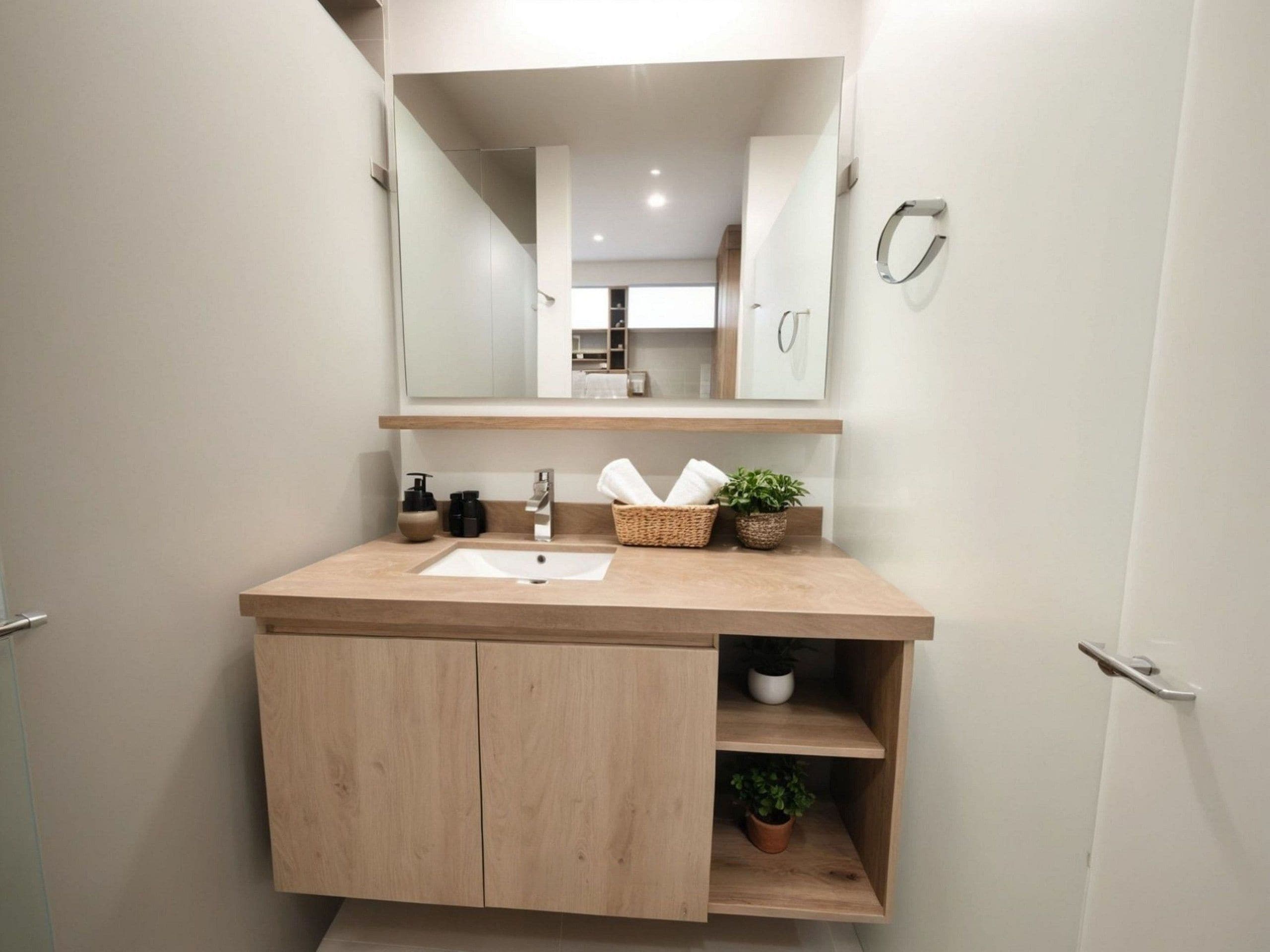 Een moderne badkamer met een houten wastafelmeubel, een grote spiegel en een plank met toiletartikelen.