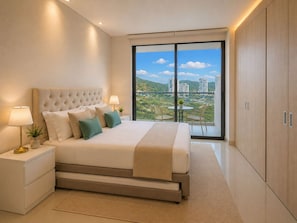 A modern bedroom with a large bed, bedside lamps, a view of the city, and a balcony.