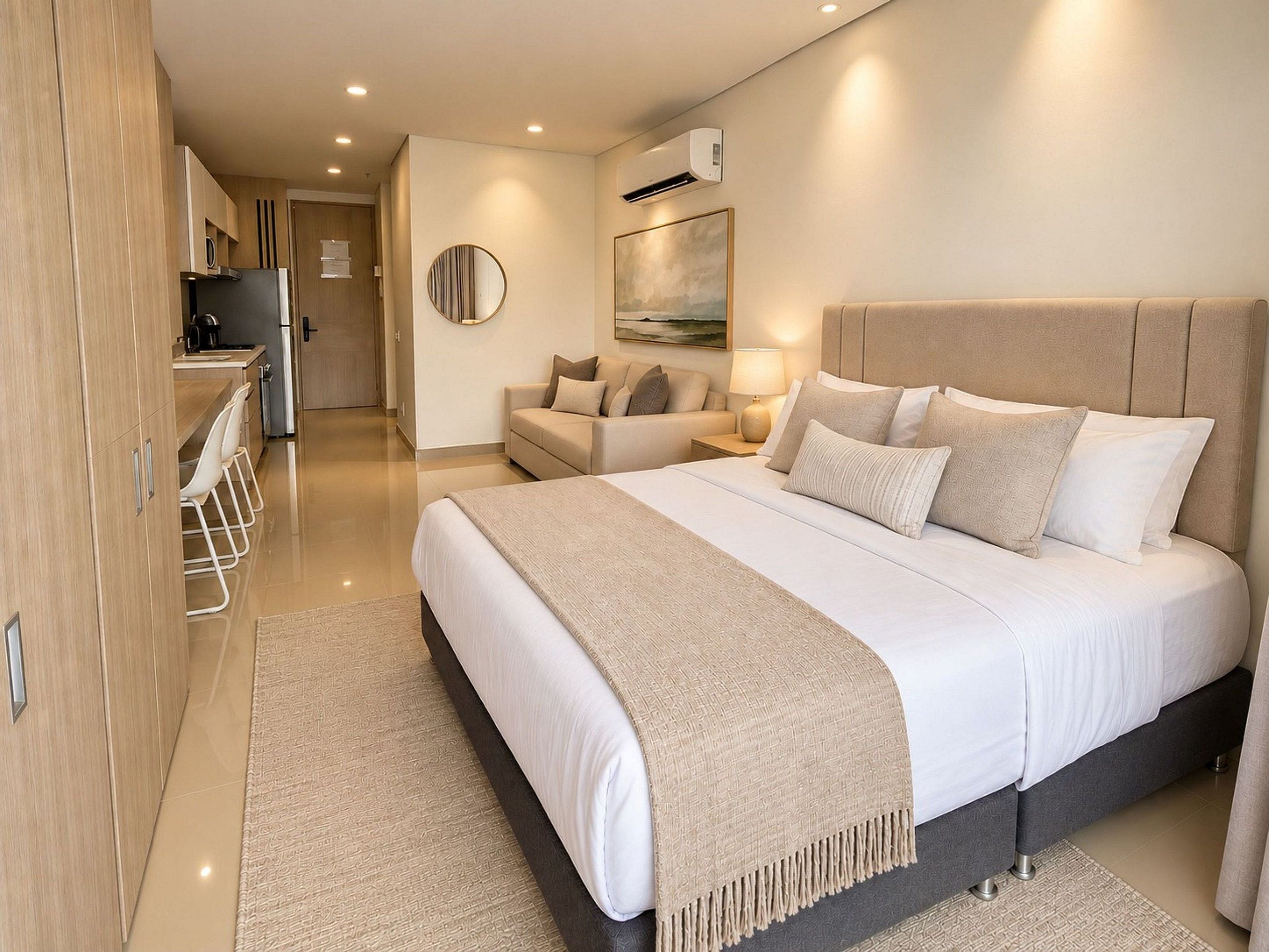 A modern hotel room with a large bed, a sofa, a dining area, and a kitchen.