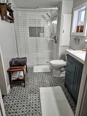 Shower, hair dryer, towels, soap