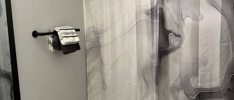 Hair dryer, towels, soap, toilet paper
