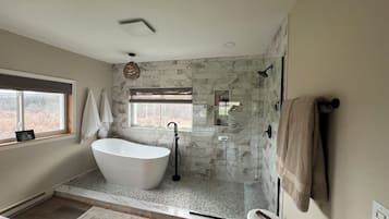 Shower, hair dryer, towels, toilet paper