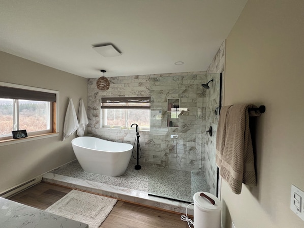 Shower, hair dryer, towels, toilet paper