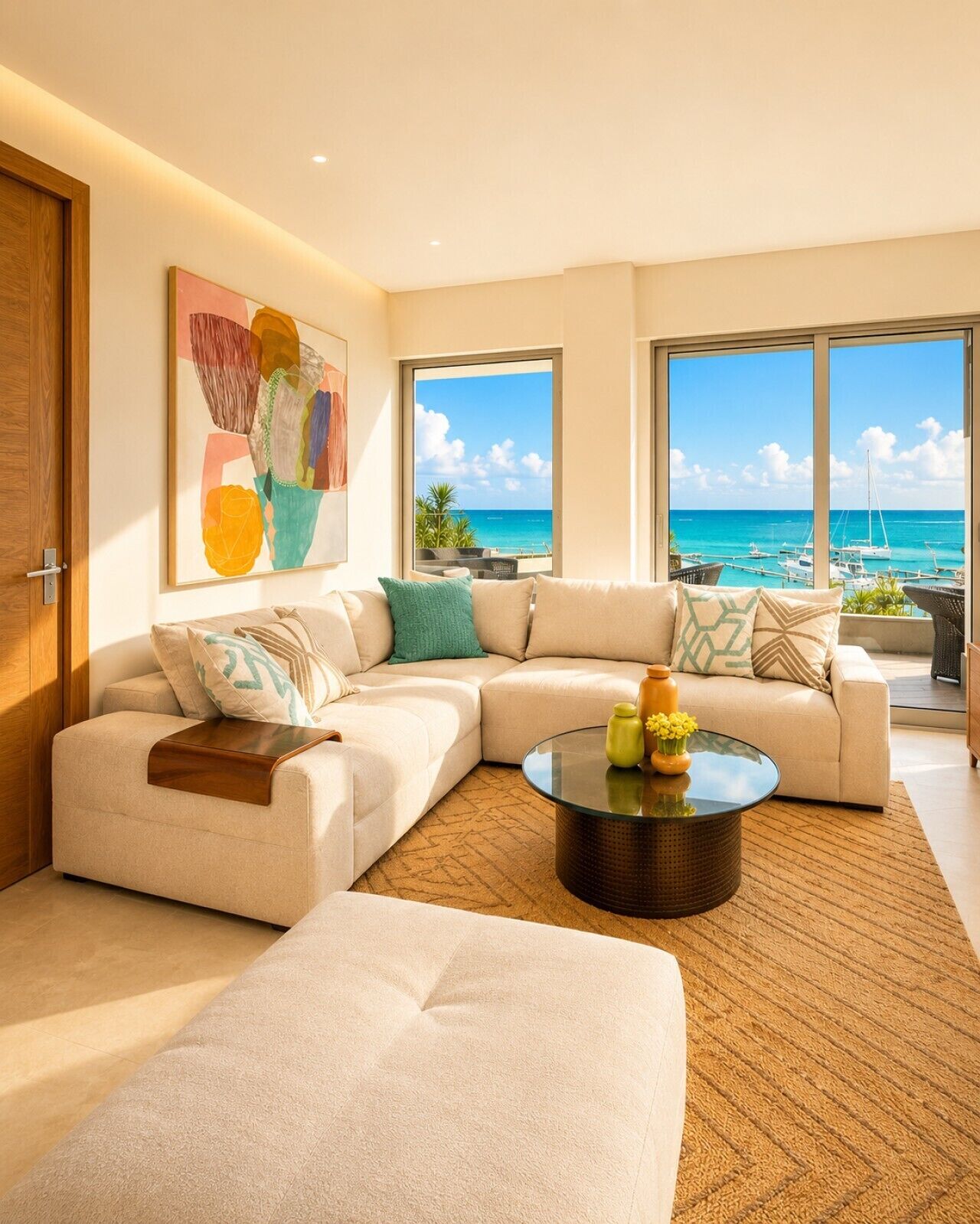 Comfortable living room with ocean views and 86` smart TV