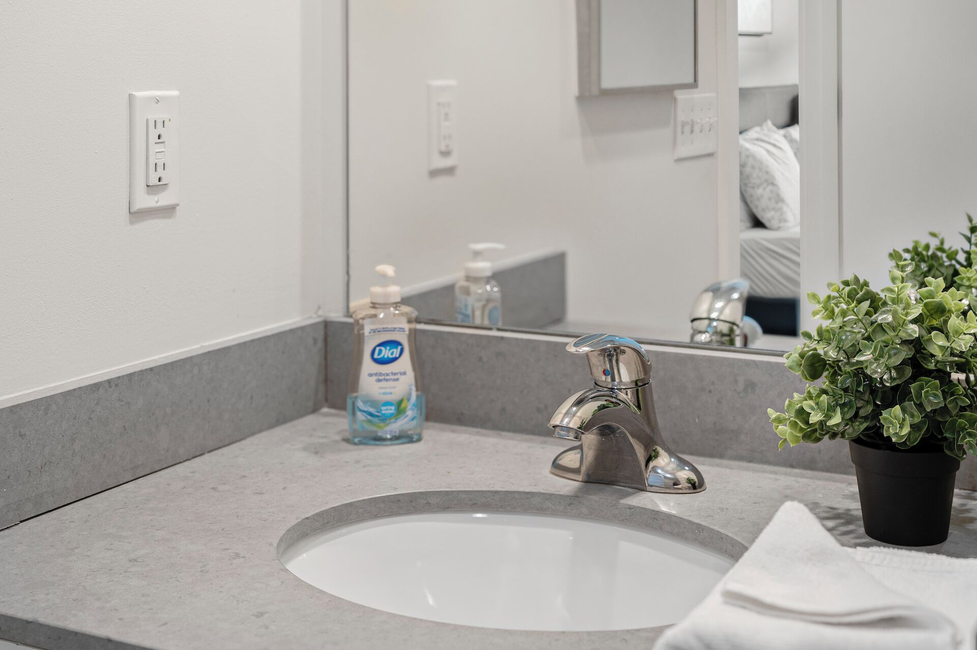 Un baño con lavamanos, espejo y planta en maceta.