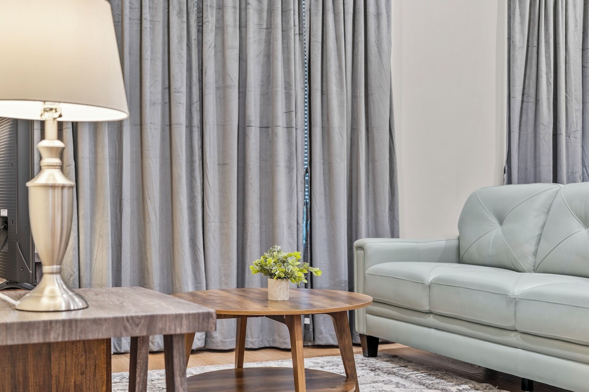 A living room with a sofa, a small round table with a plant, a lamp, and curtains.
