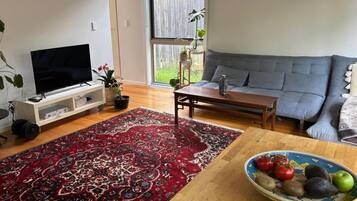 A living room with a flat-screen TV, a grey sofa, a wooden coffee table, and a red patterned rug.