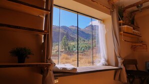 Une pièce dotée d’une grande fenêtre donnant sur un paysage montagneux. On y trouve une étagère en bois avec un pot de fleurs, une chaise et une table avec un coussin.