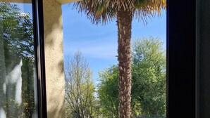A window view of a swimming pool, palm tree, and grassy area. - Single-storey apartment on large wooded garden with swimming pool (Sarlat-la-Canéda)