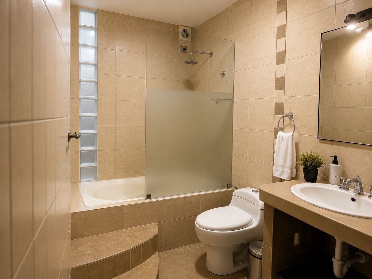 Hair dryer, towels, soap, toilet paper