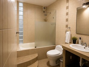 Hair dryer, towels, soap, toilet paper