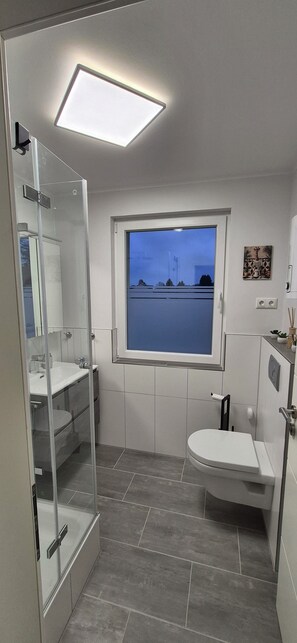 Hair dryer, towels, soap, toilet paper