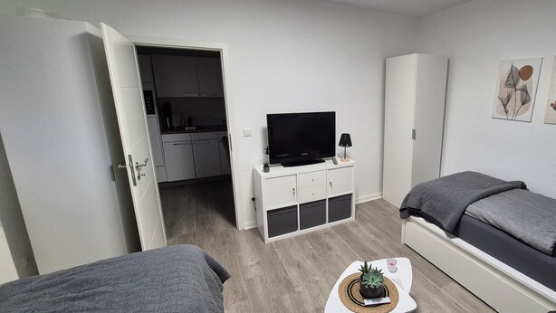 Un dormitorio moderno con televisión, armario, cama y una mesita con una planta.