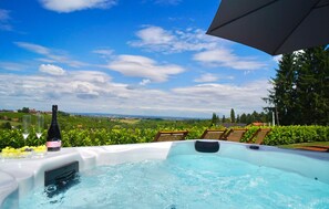 Un jacuzzi con una vista panorámica, rodeado de vegetación y sillas.