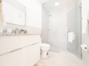 Ducha, secador de pelo, toallas, jabón