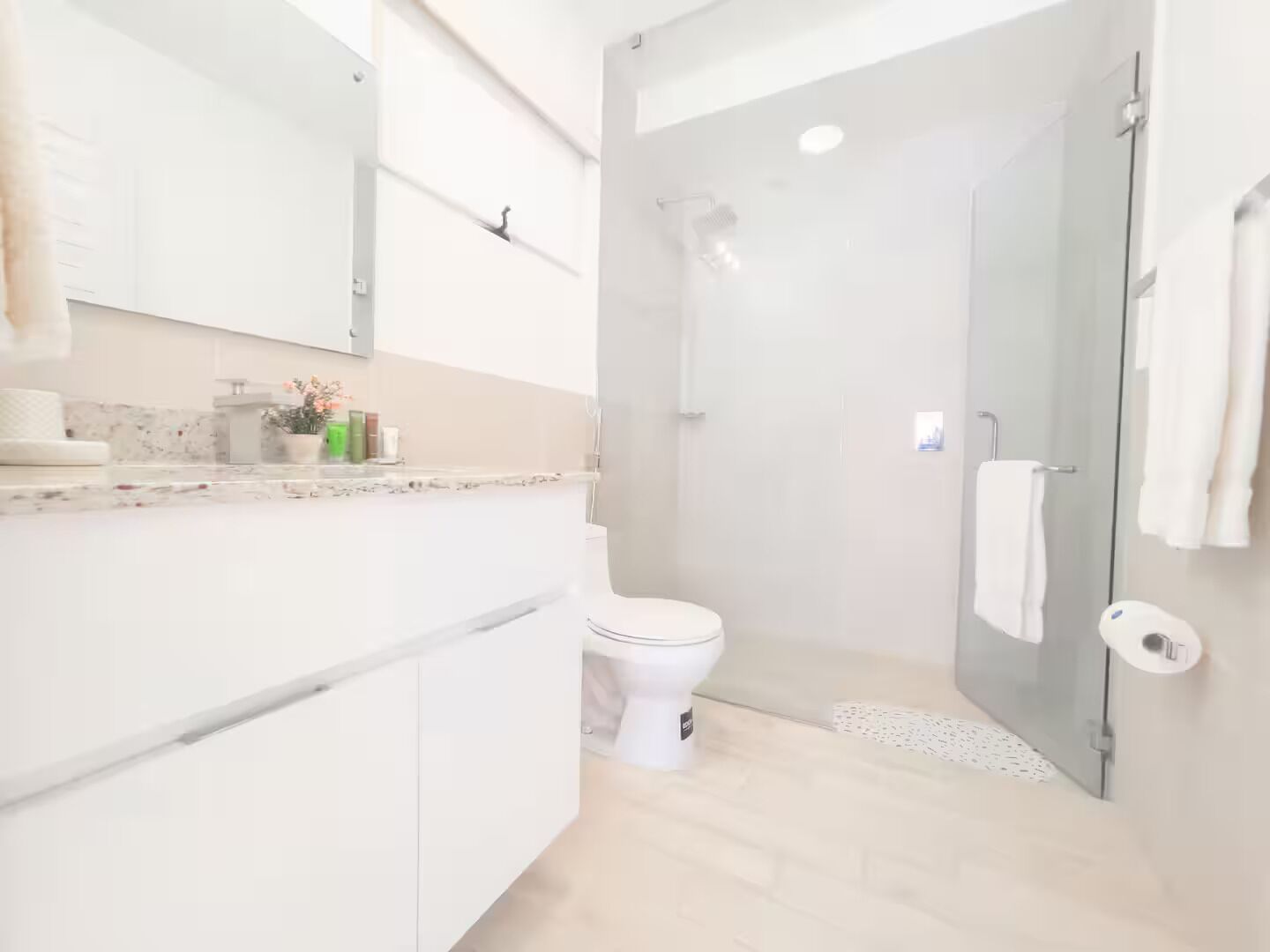 Chuveiro, secador de cabelo, toalhas de banho, sabonete