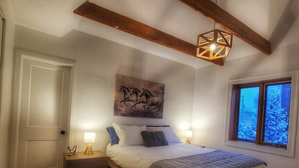 A bedroom with a wooden floor, a bed with a headboard, a nightstand, a wall-mounted painting, a window with a view of trees, and a hanging light fixture. - Brilliant 1-bedroom apartment with AC in charming Québec (Québec)