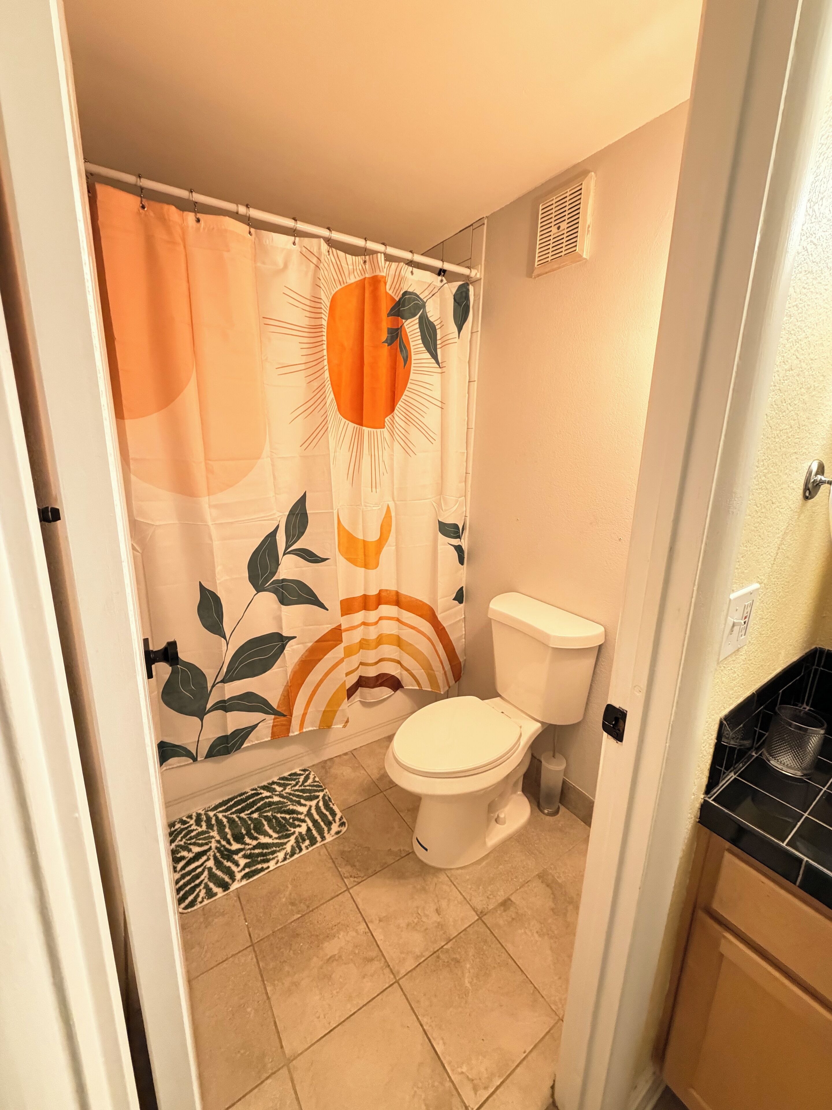 Hair dryer, towels, soap, toilet paper