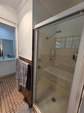 Hair dryer, towels, soap, toilet paper