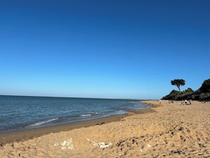 Ein sandiger Strand mit blauem Himmel, ruhiger See und einigen Personen.