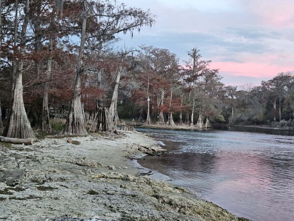 A natural landscape with a river, trees, and a wooden bridge.