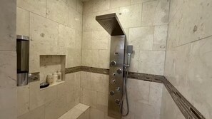 Jetted tub, hair dryer, towels, soap