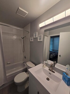 Hair dryer, towels, soap, toilet paper - Bright 1 Bedroom Condo in the Heart of the City! (Vancouver)