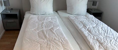 Two single beds with white linens and a quilted pattern, flanked by nightstands with lamps.