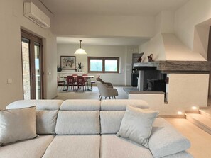 Smart TV, fireplace, books