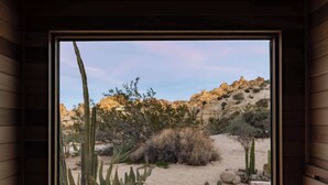 Une fenêtre à cadre en bois donnant sur un paysage désertique, avec des cactus et des arbustes.