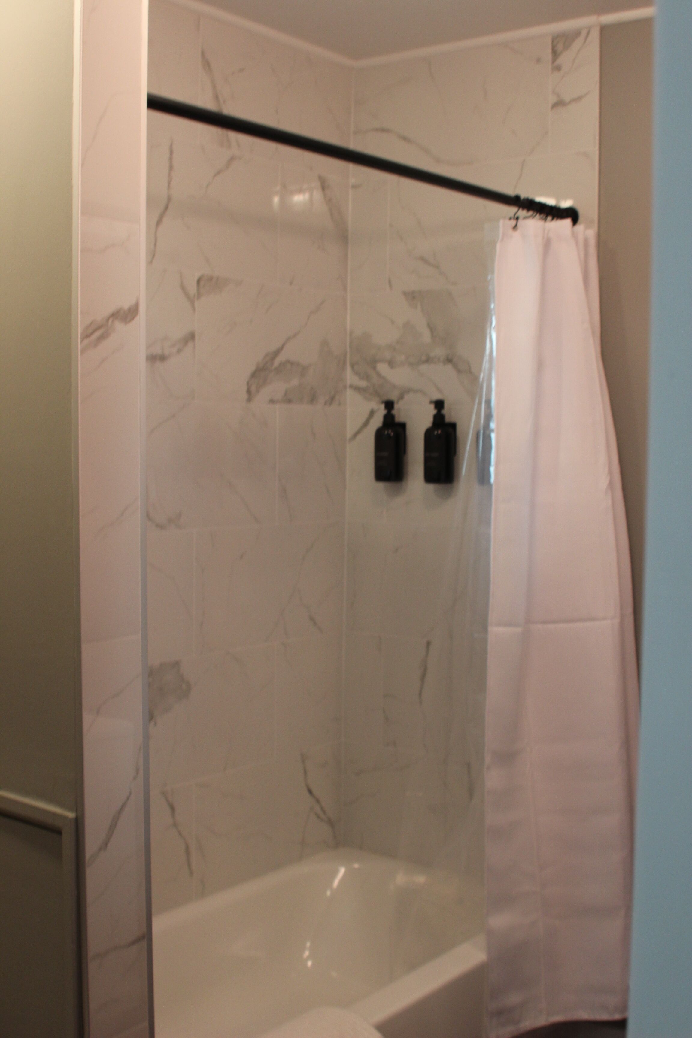 Hair dryer, towels, soap, shampoo