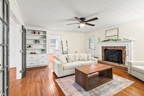 TV, fireplace, books
