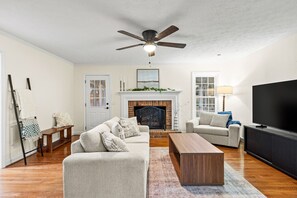 TV, fireplace, books