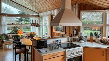 Fridge, stovetop, dishwasher, coffee/tea maker