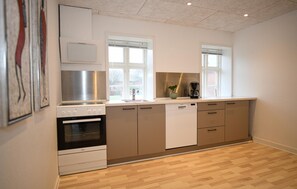 Fridge, stovetop, dishwasher, coffee/tea maker