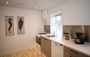 Fridge, stovetop, dishwasher, coffee/tea maker