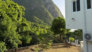 A building with a mountain in the background, surrounded by greenery. - You 4 Ric Piton Suites (Soufriere)