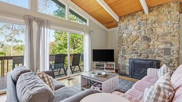 TV connectée, cheminée, lecteur de DVD, baby-foot