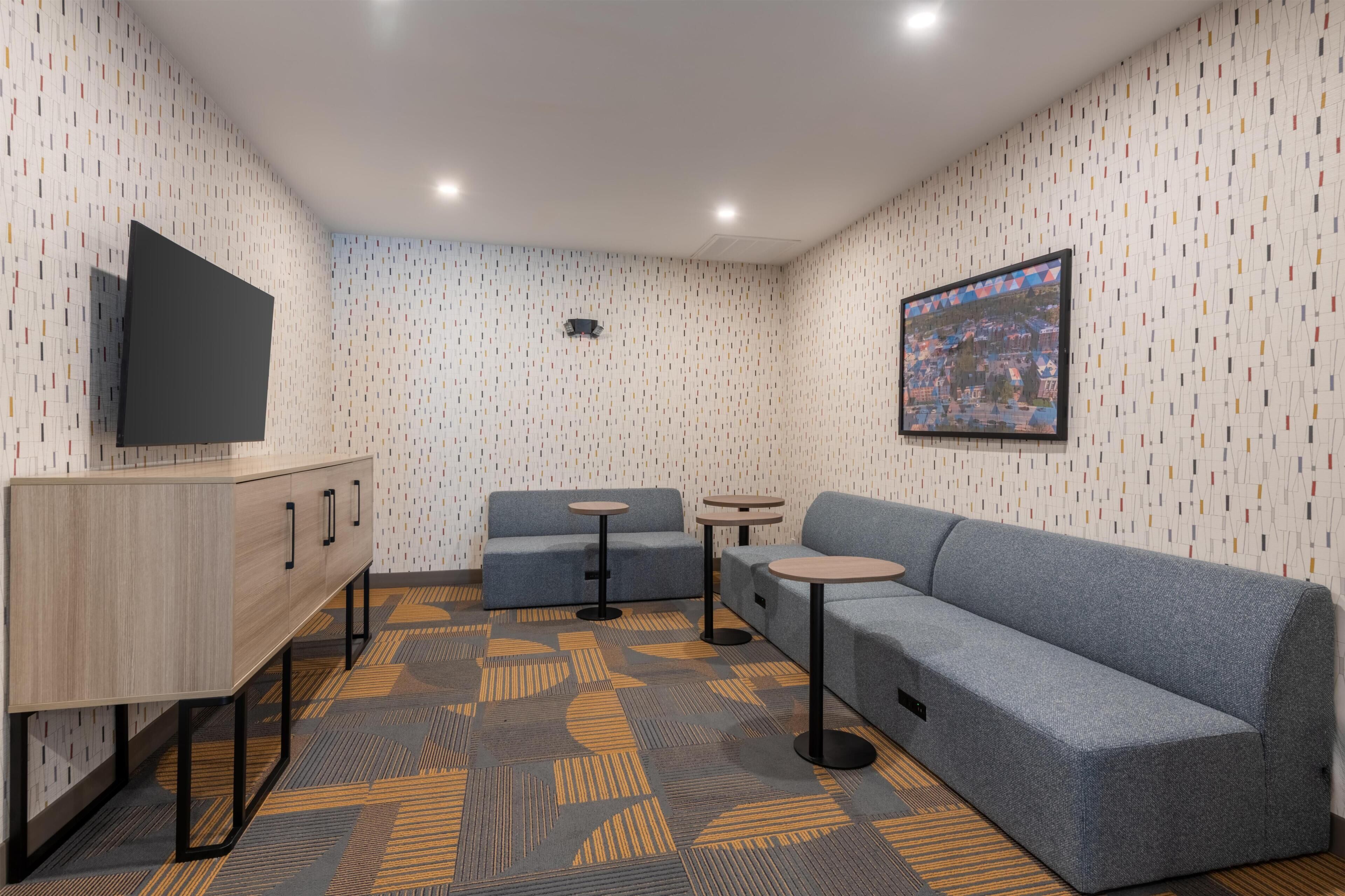 Habitación de hotel moderna con un sofá, dos mesitas, un televisor y una alfombra estampada.