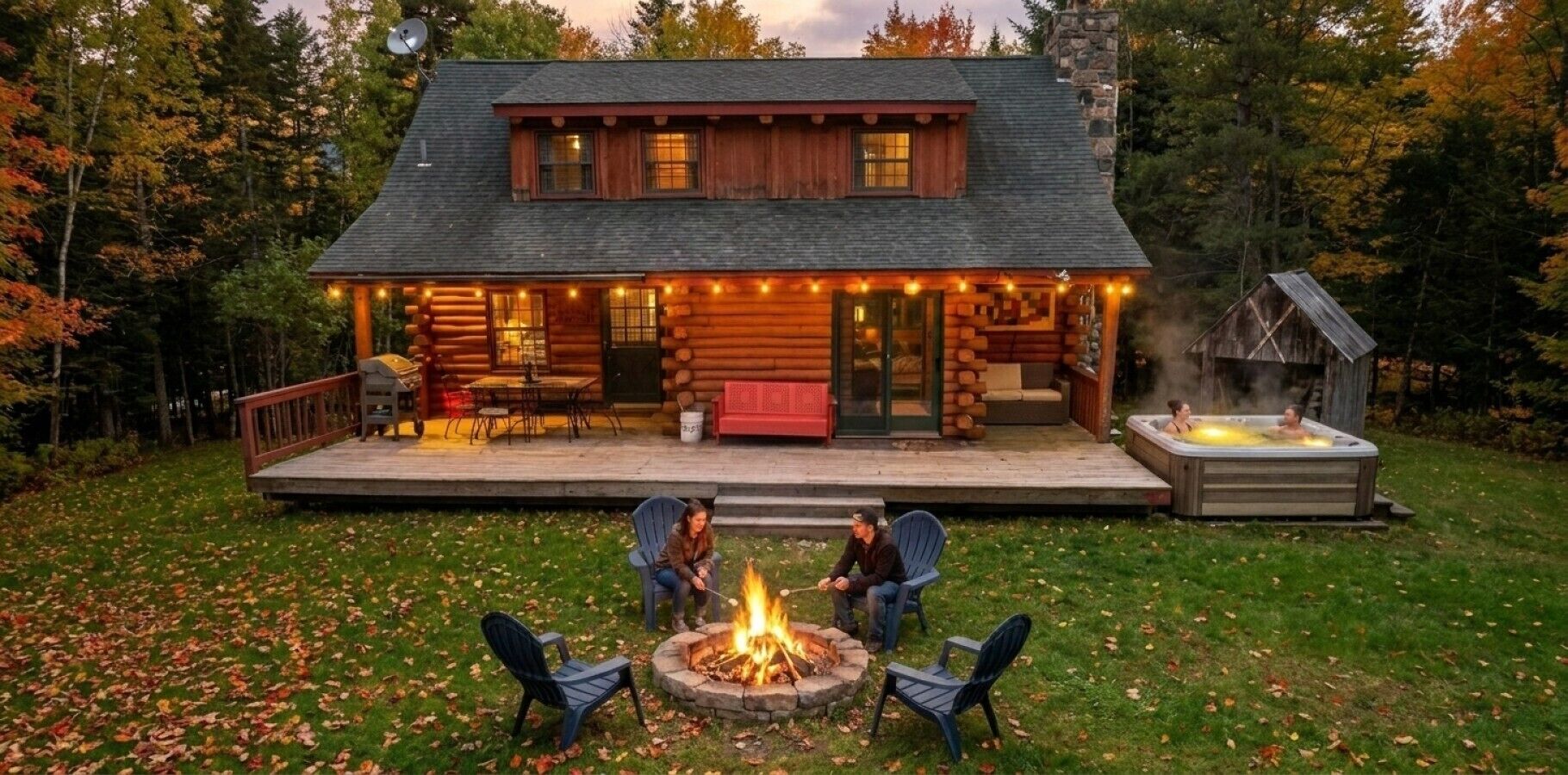 A log cabin with a deck, outdoor seating, a fire pit, and a hot tub.