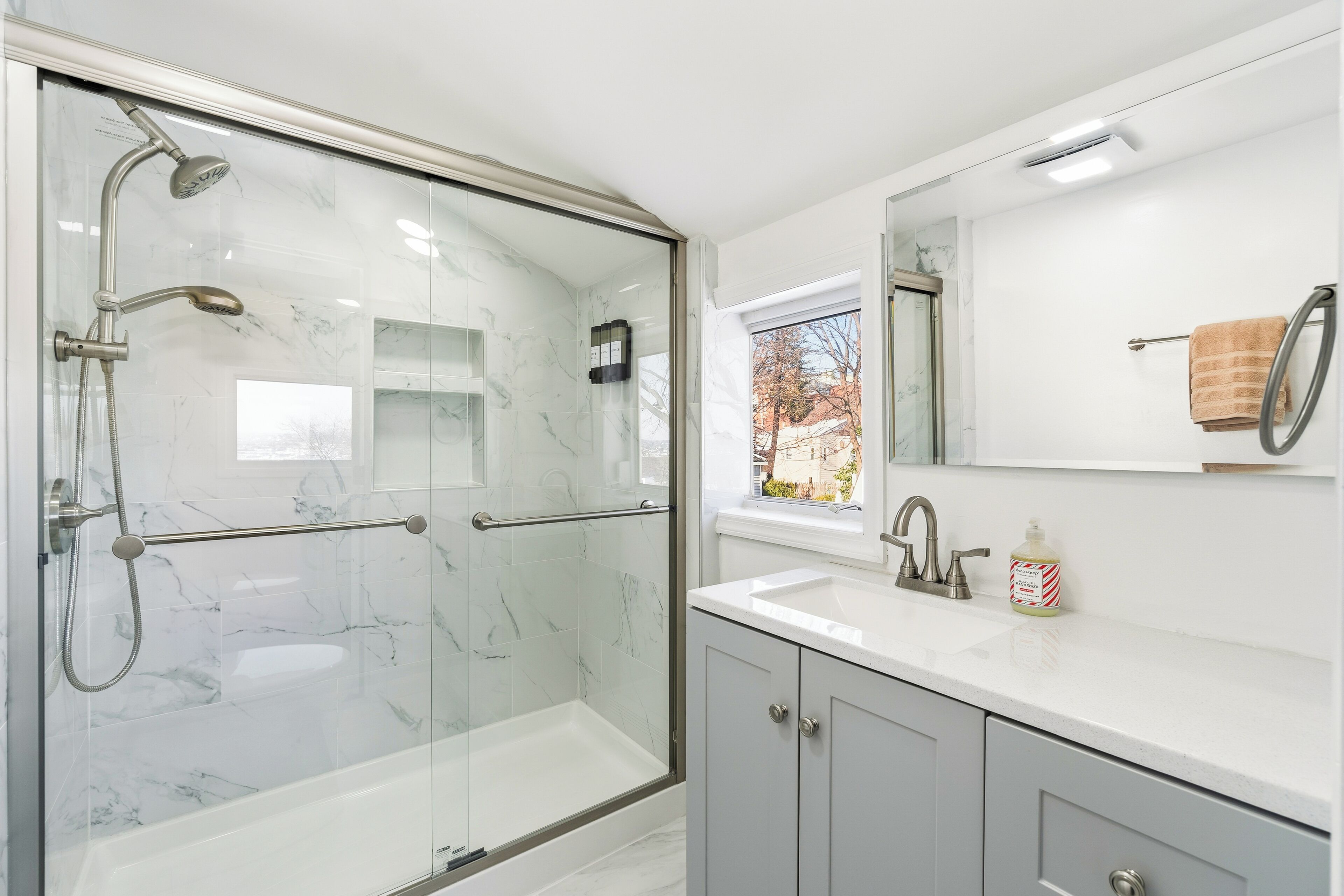 Shower, jetted tub, hair dryer, bidet