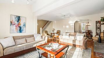 Smart TV, fireplace, books