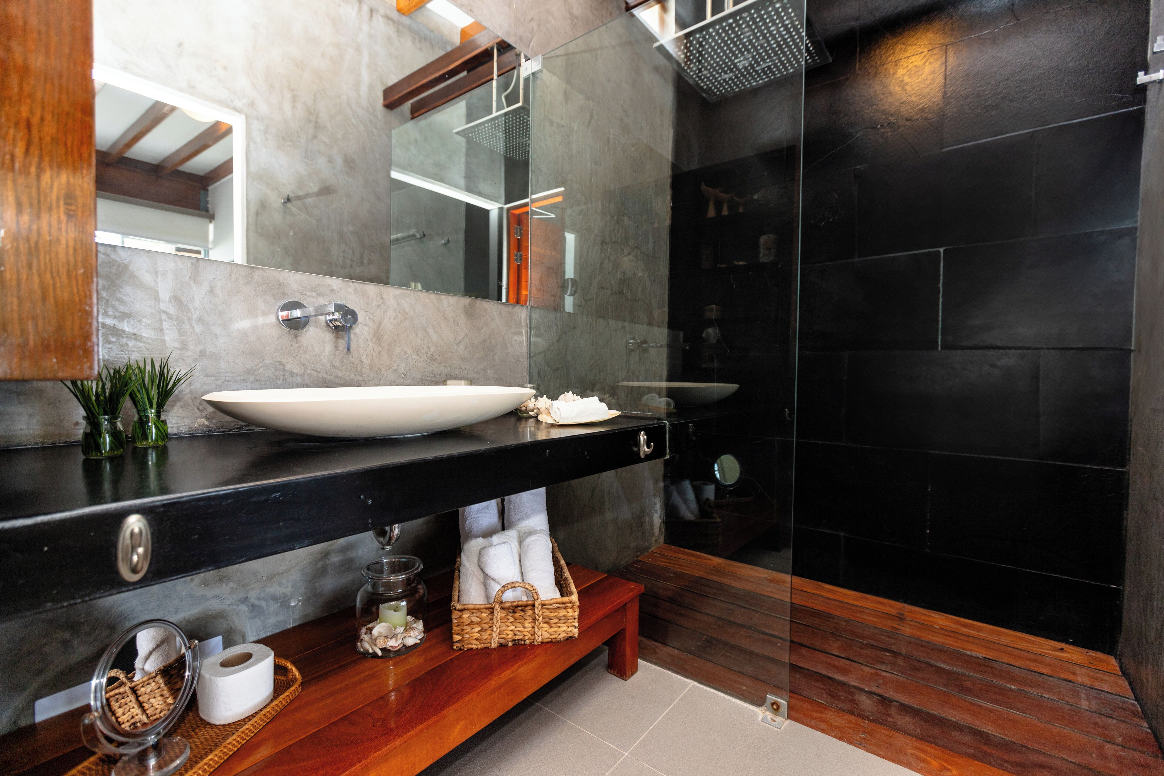 Shower, towels, soap, toilet paper