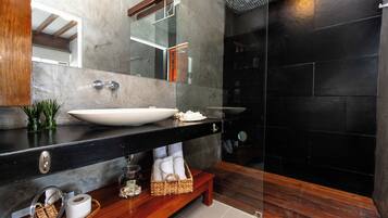 Shower, towels, soap, toilet paper