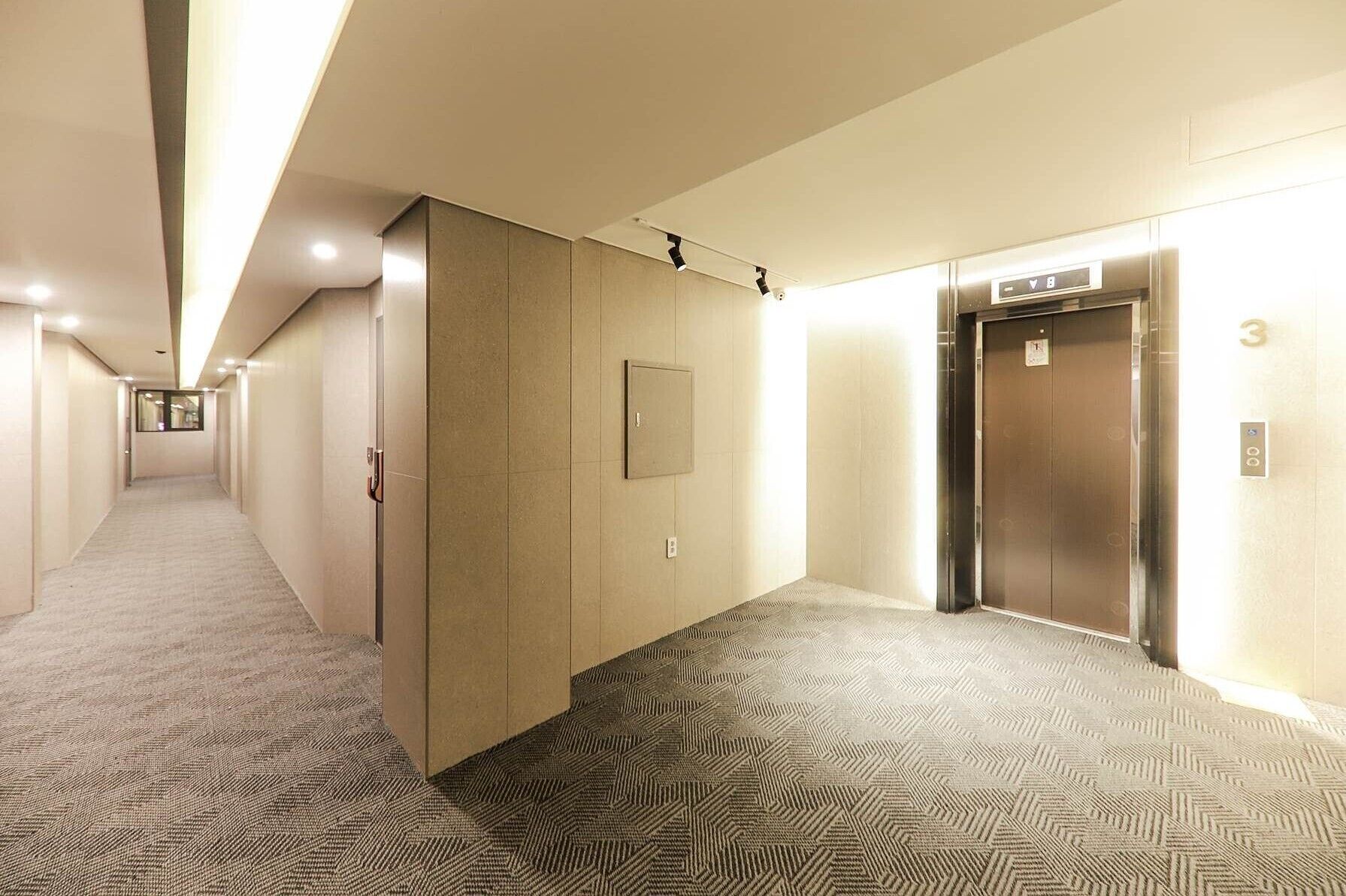 A hotel hallway with carpeted floors, a long corridor, and two elevators.