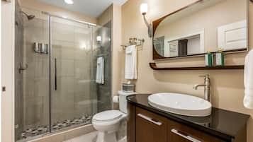 Hair dryer, towels, soap, shampoo